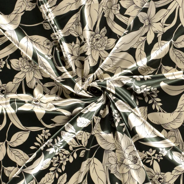 Satin tissu imprimé fleurs Vert foncé – Image 2