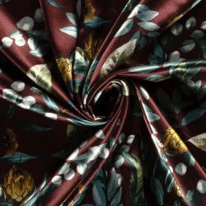 Satin tissu imprimé fleurs Bordeaux